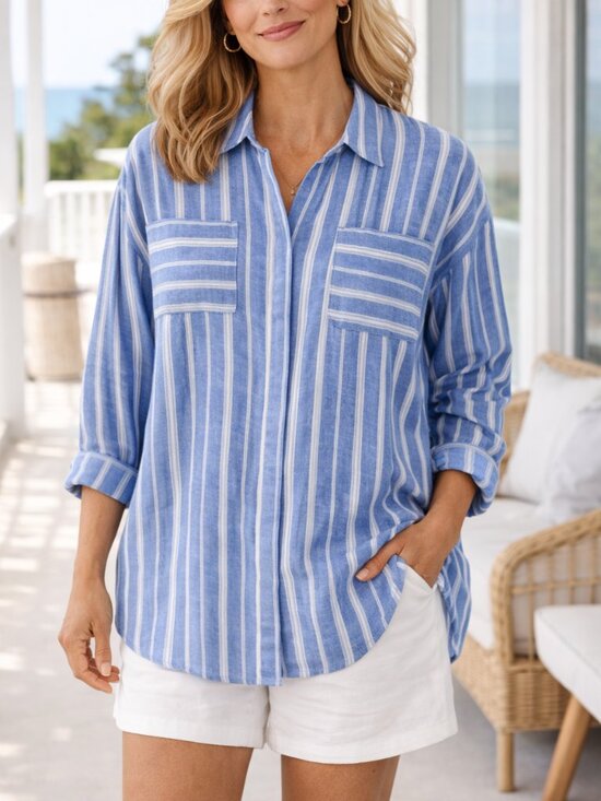 J. Jill Tops - J Jill Linen Striped Button Front Top Blue White Relaxed Office XL